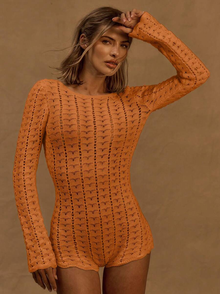 MUSERA 钩针编织修身连体裤，适合伊比沙岛、假日、春季、夏季、海滩、波西米亚风、西部风情节日等场合。也适合夏季穿着，展现牛仔女郎的时尚魅力，是感恩节的理想之选。 - 亮橙色 - 查看 1