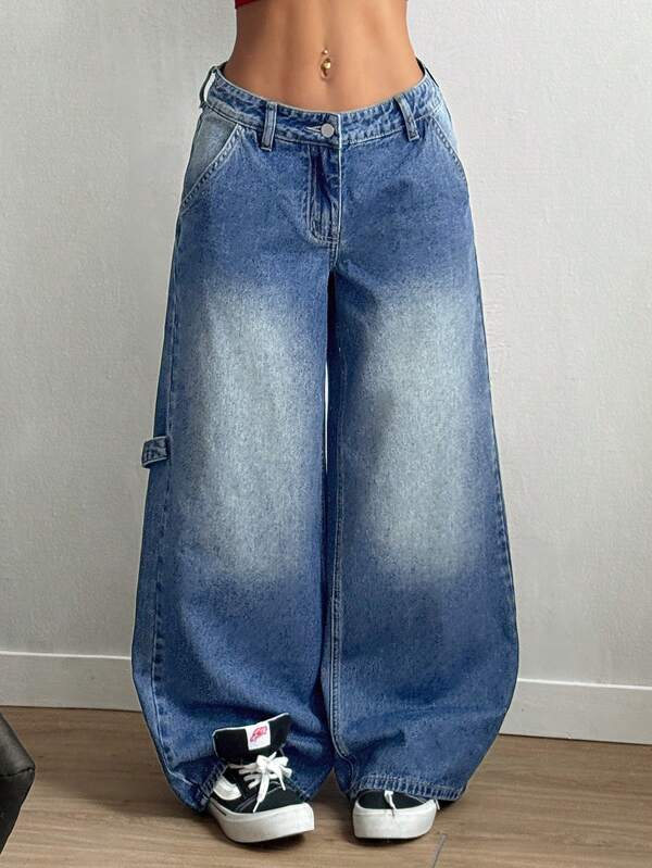 SHEIN ICON Women's Wide Leg Loose Fit Blue Casual Denim Pants, High Street Style, Summer