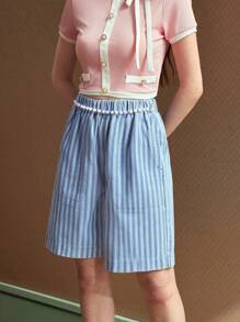 SHEIN EZwear Women's Casual Striped Chain Decorated Denim Shorts, Summer - Blue - View 3