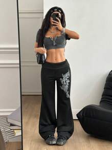 SHEIN Tall CURVE 女士节日文艺复兴博览会街头服饰复古 Y2K 垃圾摇滚图案弹力翻领长裤黑色喇叭腿运动裤 - 黑色 - 查看 5