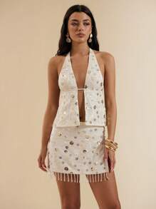 SHEIN BAE Women's Sexy Backless Sequined Camisole, Suitable For Beach Vacation, Champagne Color Sequin Embroidered Sleeveless Tank Top - Apricot - View 4