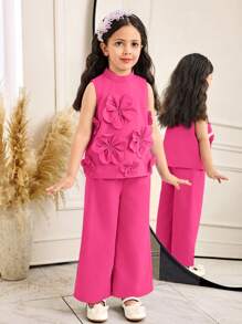 Set de 2 piezas compuesto por top con cuello de pie y pantalones con adornos florales elegantes para niña joven