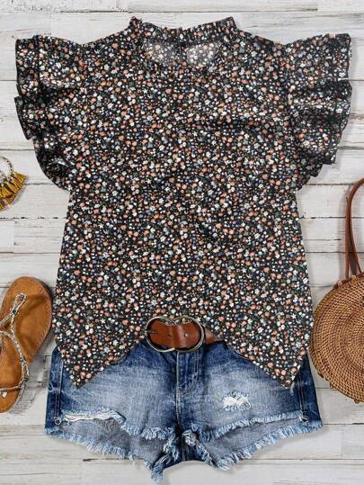 SHEIN LUNE Women's Spring/Summer Casual Black Ditsy Floral Stand Collar Double Layer Ruffle Sleeve Short Sleeve Shirt