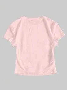 SHEIN Girls Short Round Neck Short Sleeve T-Shirt, Lily Floral Print Design, Stylish And Cute, Suitable For Spring/Summer - Pink - View 2