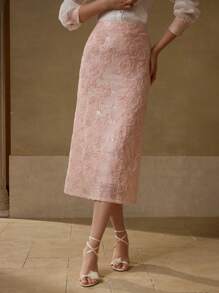 MOTF PREMIUM 提花花卉图案撞色亮片开衩直筒裙 - 粉色 - 查看 1