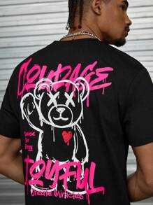 AXEPEAK Men's Casual Bear Logo Slogan Print Round Neck Short Sleeve T-Shirt, Summer, Streetwear Casual, 2000s Style - Hot Pink - View 1