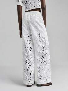 Ontre 2025 White Loose Casual Embroidered Hollow-Out Fabric Cargo Pants, Baggy Beach Bohemian Style For Women