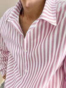 Claim Dot 1pc Men's Casual Striped Long Sleeve Button Down Shirt, Autumn, For Fall - Pink - View 3