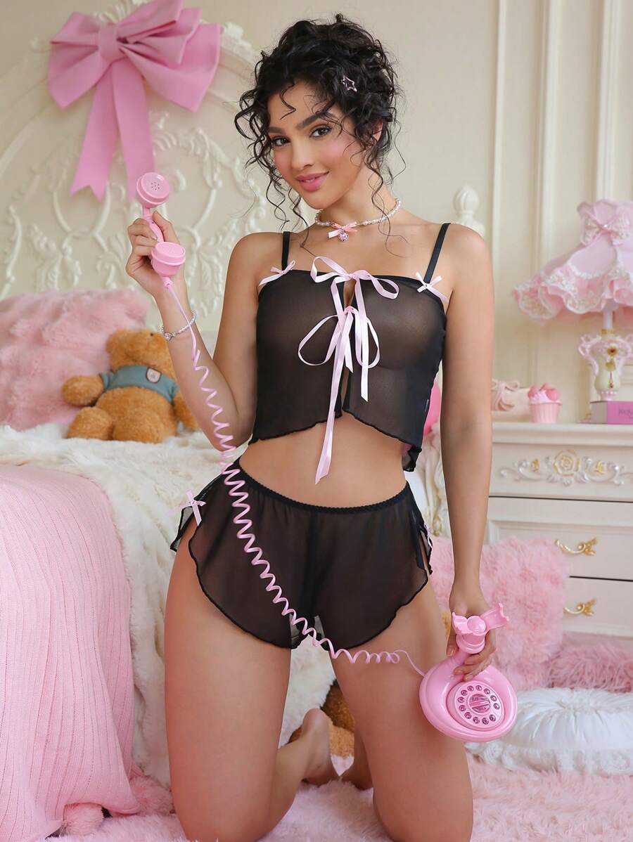 Set de 2 piezas de lencería inalámbrica y sexy de malla para mujer - Negro - Ver 1