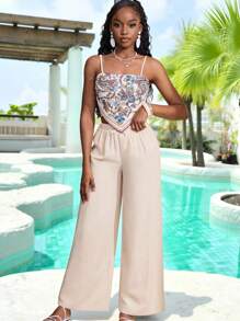 SHEIN Leap Crew Conjunto de top de camisola con estampado de colocación tejido para adolescentes, pantalones de corte holgado y acampanado, vestido mini de verano con lunares y mangas abullonadas en color albaricoque, vestido de línea A con abertura lateral, vestidos de verano en tonos pastel - Albaricoque - Ver 3