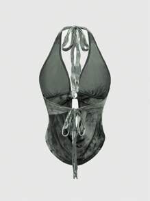 ROMWE Fairycore 性感深V领露背扎染植物印花植绒女式上衣