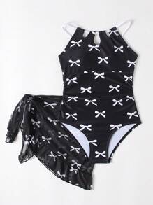 女童连体泳衣，带蝴蝶结花卉图案，配有网眼两件套 - 黑色 - 查看 6