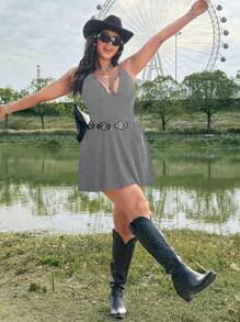 Flirla Plus Size Sleeveless Solid Color Layered Hem Tie-Waist Jumpsuit For Festival, Boho, Hippie, Cowgirl, Old Money - Grey - View 5