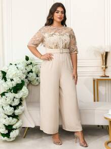 Ellevyn Curvy Plus Size Women's Romantic Elegant Daily Round Neck Short Sleeve Shiny Sequins Decoration Waist Wide Leg Apricot Jumpsuit,Wedding Guest Dress Women,Business Casual Woman,Birthday Outfits For Women,Country Concert Outfit,Festival Outfits For Women,Classy Outfits For Women,Jumpsuits For Woman Elegant,Romper,Jumpsuits For Woman,Bodysuits For Women,Summer Outfits For Women,Summer,Vacation Outfits Woman,Vacation,Women Summer Clothes,Going Out ,Plus Size Women Clothes,Clothes,Curve Plus