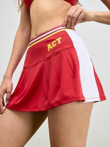 SHEIN Sports 拼色条纹和字母印花夏季时尚运动短裙 - 紅色 - 查看 3