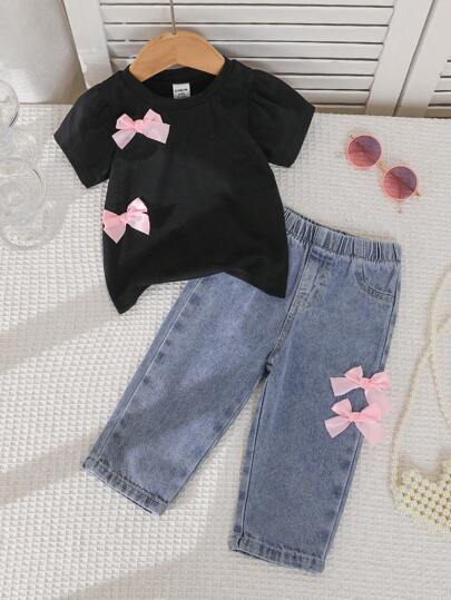 女婴夏季套装时尚3D蝴蝶结上衣和长裤套装