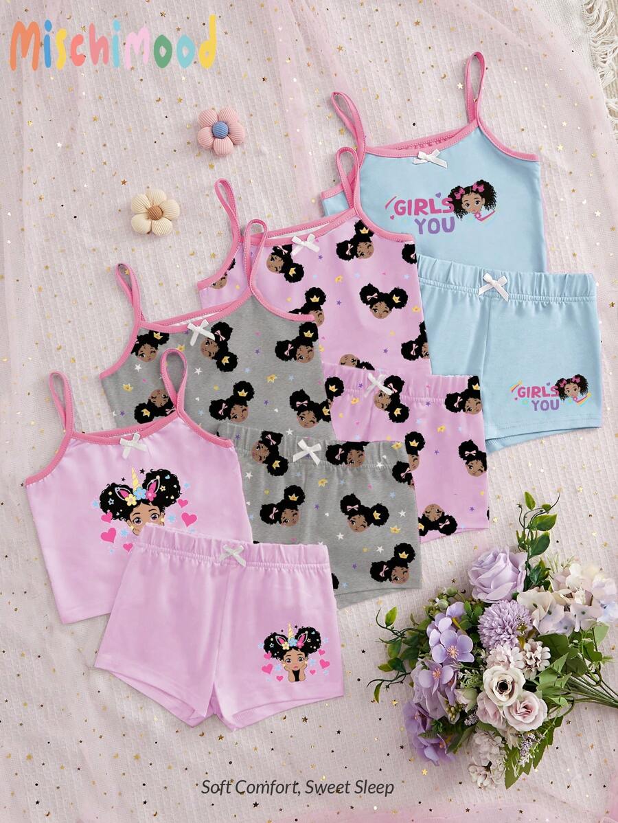 8件套女童简约时尚可爱印花图案吊带背心和三角裤内衣套装 - 彩色 - 查看 1