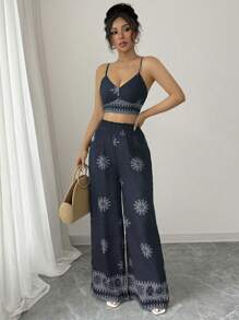 Elenzga 2 件套女士绿色花卉印花吊带背心和休闲裤套装，休闲度假风格