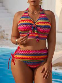 Swim Vcay Plus Size Textured 2 Pieces Women Bikini Set Set - Halter Top With Crisscross Back & High Waist Side-Tie Bottom, Minimalist Bikini For Summer Beach Vacation