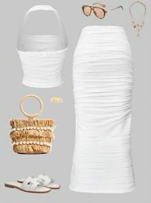 Conjunto elegante y cómodo de 2 piezas para adolescentes, top corto sin tirantes y falda envolvente, adecuado para fiestas, vacaciones, conjunto de falda blanca para verano y días festivos