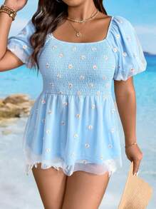 SHEIN Clasi Áo chui đầu tay bồng lưới hoa cúc cỡ lớn cho nữ - Màu xanh lam - Xem 6