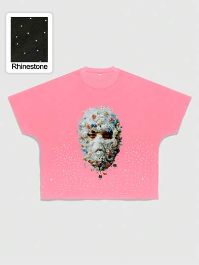 T-shirt à manches courtes à coupe ample avec portrait en diamant imprimé, style street life (vie de rue)