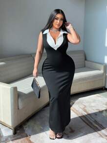 Flirla Plus Size Sleeveless Dress, Fashionable For Summer - Black - View 3