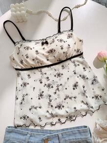 CovetEZ 女士花卉印花蝴蝶结装饰撞色滚边吊带背心 - 黑與白 - 查看 6