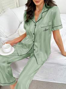 SHEIN Satin-Like Striped Jacquard Contrasting Color Trim Collar Pajama Set - Green - View 3