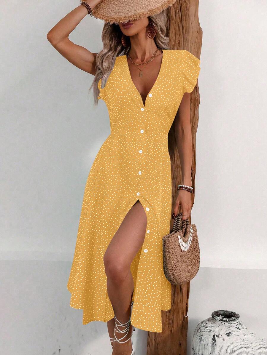 Breezaya Women's Single-Breasted Ruffle Trim Casual Shift Dress, Summer - Yellow - View 1