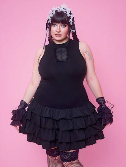 Goth Vestido de talla grande con sobrecapa transparente con bordado de cruz gótico