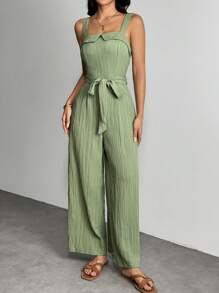 SHEIN PETITE Bộ đồ liền thân ống rộng buộc eo màu trơn dành cho nữ, Trang phục mùa hè, Kỳ nghỉ, Xanh lá cây xô thơm, Bộ đồ liền thân có cổ bẻ và thắt eo. Quần ống rộng - màu xanh lá - Xem 8