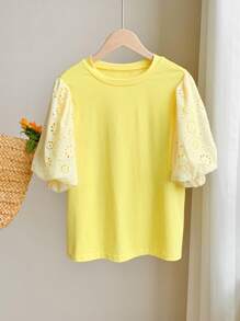 Comfortcana Camiseta de mujer de unicolor con cuello redondo y mangas cortas, simple y de moda, para verano - Amarillo - Ver 6