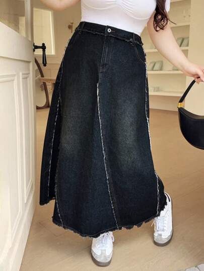 SHEIN ICON 女式加大码优雅黑色磨边牛仔裙，夏季