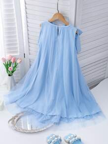 Girls Elegant Fashion Ruffle Floral Pearl Embellished Mesh Dress