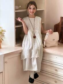 DAZY 少女蕾丝上衣连衣裙两件套 - 藍色 - 查看 1