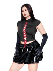 Flirla Camiseta diaria de talla grande para mujer, con cuello alto, efecto color block y cordón - Negro - Ver 5