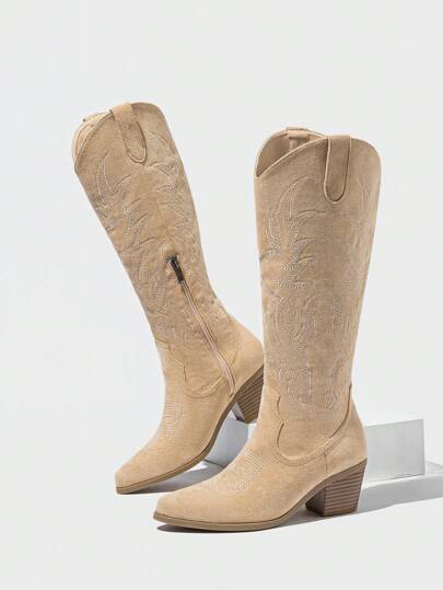 Daringsoles Botas altas informales color albaricoque para vacaciones de otoño/invierno, botas por encima de la rodilla, botas estilo western para mujer