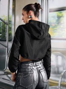 SHEIN EZwear Striped Side Drawstring Hem Wind Hooded Jacket In Fall/Winter - Black - View 2