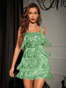 SHEIN Belle Vestido de verano con lentejuelas y espalda descubierta, vestido corto con tirantes y flecos para mujer, vestido verde para fiesta de vacaciones, vestidos cortos de verano para mujer, vestidos de fiesta para mujer, vestido de graduación, vestido corto de cóctel, vestido de fiesta rave, vestido sexy y caliente, vestido con flecos - verde menta - Ver 5