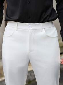 Calvornis Men's Solid Color Flare Casual Formal Pants With Pockets, White Flare Pants, Fall - White - View 4