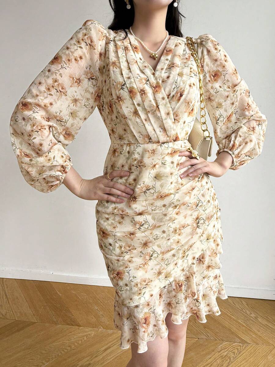 Modelyn Vestido mini de mujer con estampado floral, cuello cruzado, mangas farol, fruncido y bajo de cola de pez, estilo vacacional, para primavera/verano - Albaricoque - Ver 1