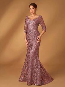 Serin 优雅奢华串珠网眼蕾丝刺绣 V 领中袖鱼尾连衣裙，适合正式派对、约会、度假、婚礼、新娘母亲仪式