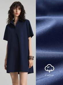Ontre 2025 Women's Casual Solid Color Loose Short Sleeve Mini Dress, Summer - Navy Blue - View 2