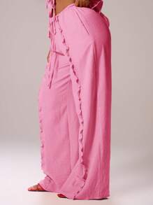 MUSERA 抽绳腰带亚麻质感荷叶边阔腿休闲裤，适合伊比沙岛度假、夏季节日、海滩穿着，浪漫优雅，适合生日、婚礼、机场等场合。 - 粉色 - 查看 3