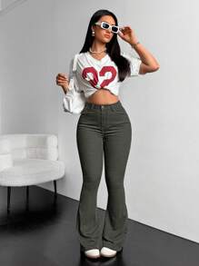 SHEIN ICON 女式休闲拉链喇叭牛仔裤 - 軍綠色 - 查看 5
