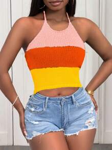 Slaydiva Women's Summer Contrast Color Cropped Halter Knit Tops - Multicolor - View 5