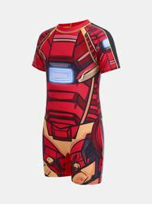SHEIN 1 Piece Tween Boy Casual Sports Swimsuit With Robot Pattern Leggings Kids Outfits Toddler Boy Clothes Back To School Boys Set Suitable For Outdoor Swimming Kids Bathing Suits Suitable For Spring, Summer Boys Superhero Swimsuits Red Toddler Boy Swim Sets