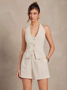 L'Amorae Chaleco elegante sin espalda con lazo en la espalda, sexy y casual para negocios, sin mangas, para mujer. Atuendos de verano, casual de negocios, atuendos de oficina, ropa de trabajo para mujer.