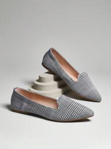 SHUZIA 一脚蹬尖头格纹芭蕾平底鞋，秋冬季圣诞节假期度假氛围 - 淺灰色 - 查看 2